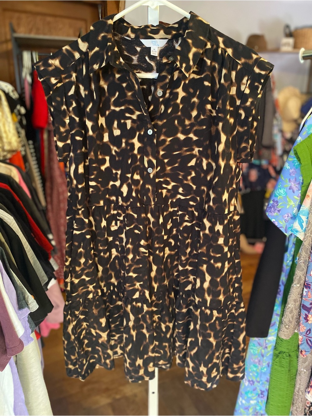 Time and Tru Black and Tan Leopard Tiered Mini Dress with pockets